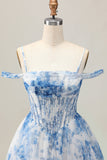 Robe de bal perlée imprimée à épaules dénudées blanc bleu fleur trapèze