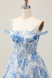 Robe de bal perlée imprimée à épaules dénudées blanc bleu fleur trapèze