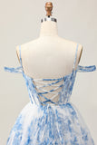Robe de bal perlée imprimée à épaules dénudées blanc bleu fleur trapèze