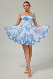 Robe de bal perlée imprimée à épaules dénudées blanc bleu fleur trapèze