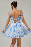 Robe de bal perlée imprimée à épaules dénudées blanc bleu fleur trapèze