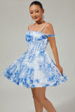 Robe de bal perlée imprimée à épaules dénudées blanc bleu fleur trapèze
