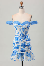 Robe de soirée courte de retour à la maison corset à fleurs bleues blanches et à volants