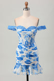 Robe de soirée courte de retour à la maison corset à fleurs bleues blanches et à volants