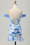 Robe de soirée courte de retour à la maison corset à fleurs bleues blanches et à volants