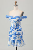 Robe de soirée courte de retour à la maison corset à fleurs bleues blanches et à volants