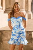Blanc Bleu Fleur Hors Épaule Corset Satin Robe de cocktail Avec Volants