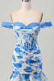 Robe de soirée courte de retour à la maison corset à fleurs bleues blanches et à volants