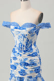 Robe de soirée courte de retour à la maison corset à fleurs bleues blanches et à volants
