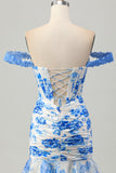 Robe de soirée courte de retour à la maison corset à fleurs bleues blanches et à volants