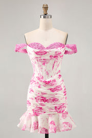 Robe De Cocktail courte à fleurs fuchsia blanches à volants à épaules dénudées