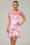 Robe De Cocktail courte à fleurs fuchsia blanches à volants à épaules dénudées