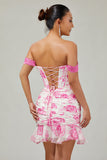 Robe De Cocktail courte à fleurs fuchsia blanches à volants à épaules dénudées