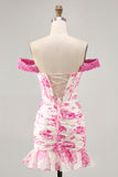 Robe De Cocktail courte à fleurs fuchsia blanches à volants à épaules dénudées