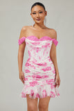 Robe De Cocktail courte à fleurs fuchsia blanches à volants à épaules dénudées