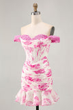 Robe De Cocktail courte à fleurs fuchsia blanches à volants à épaules dénudées