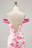 Robe De Cocktail courte à fleurs fuchsia blanches à volants à épaules dénudées