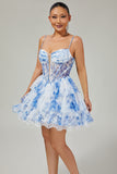 Blanc Bleu Fleur Niveaux Perlé Une Ligne Imprimé Robe De Cocktail