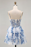 Blanc Bleu Fleur Niveaux Perlé Une Ligne Imprimé Robe De Cocktail