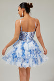 Blanc Bleu Fleur Niveaux Perlé Une Ligne Imprimé Robe De Cocktail