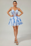 Blanc Bleu Fleur Niveaux Perlé Une Ligne Imprimé Robe De Cocktail