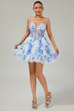 Blanc Bleu Fleur Niveaux Perlé Une Ligne Imprimé Robe De Cocktail