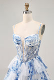 Blanc Bleu Fleur Niveaux Perlé Une Ligne Imprimé Robe De Cocktail