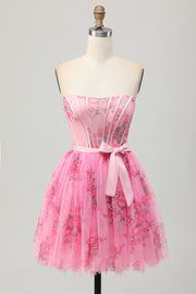 Robe de soirée courte corset sans bretelles de fleur rose avec noeud