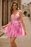 Fleur rose A-ligne Corset Robe de cocktail courte sans bretelles