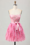Robe de soirée courte corset sans bretelles de fleur rose avec noeud