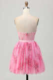 Robe de soirée courte corset sans bretelles de fleur rose avec noeud
