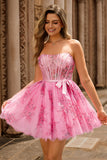Fleur rose A-ligne Corset Robe de cocktail courte sans bretelles