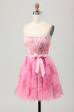 Robe de soirée courte corset sans bretelles de fleur rose avec noeud