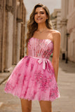 Fleur rose A-ligne Corset Robe de cocktail courte sans bretelles