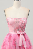 Robe de soirée courte corset sans bretelles de fleur rose avec noeud