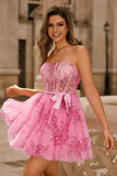 Fleur rose A-ligne Corset Robe de cocktail courte sans bretelles