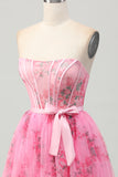 Robe de soirée courte corset sans bretelles de fleur rose avec noeud