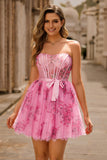 Fleur rose A-ligne Corset Robe de cocktail courte sans bretelles