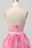 Robe de soirée courte corset sans bretelles de fleur rose avec noeud
