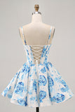 Fleur Blanche Bleu Imprimé Une Corset Trapèze Robe de cocktail