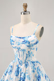 Fleur Blanche Bleu Imprimé Une Corset Trapèze Robe de cocktail