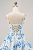 Fleur Blanche Bleu Imprimé Une Corset Trapèze Robe de cocktail