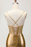 Satin métallisé froncé doré Corset moulant Robe de bal avec perles