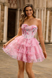 Corset trapèze sans bretelles à plusieurs niveaux Robe de cocktail à fleurs roses