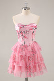 Robe de cocktail corset trapèze sans bretelles florale rose