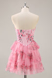 Robe de cocktail corset trapèze sans bretelles florale rose