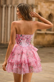 Corset trapèze sans bretelles à plusieurs niveaux Robe de cocktail à fleurs roses