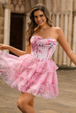 Robe de cocktail corset trapèze sans bretelles florale rose