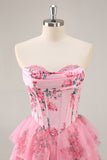 Corset trapèze sans bretelles à plusieurs niveaux Robe de cocktail à fleurs roses