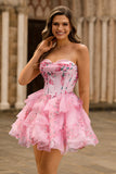 Robe de cocktail corset trapèze sans bretelles florale rose